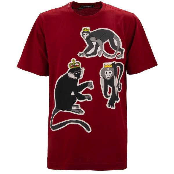 Baumwolle T-Shirt mit Affen Krone Print Patches in Rot von DOLCE & GABBANA