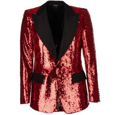 Sequined Tuxedo Blazer with Moire Lapel Red Black