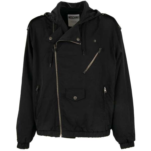 Nylon biker style nylon jacket with zipped pockets and hood in black by MOSCHINO COUTURE