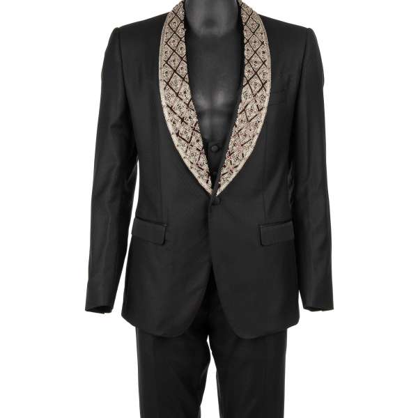 Wool an Silk Blend 3 piece suit with crystals, pearls and sequin embroidered shawl lapel in silver, purple and black by DOLCE & GABBANA