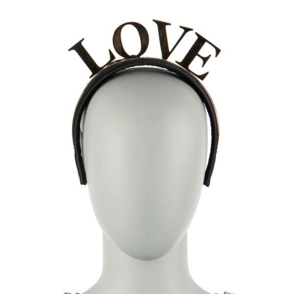 Nylon hairband embelished with Love Letters made of brass in black and gold by DOLCE & GABBANA