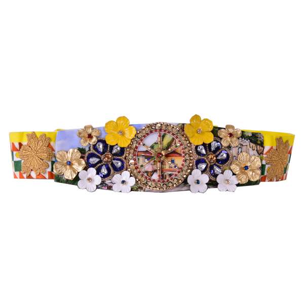 Carretto Siciliano Printed Belt / Hairband with floral crystals and leather embroidery by DOLCE & GABBANA Black Label