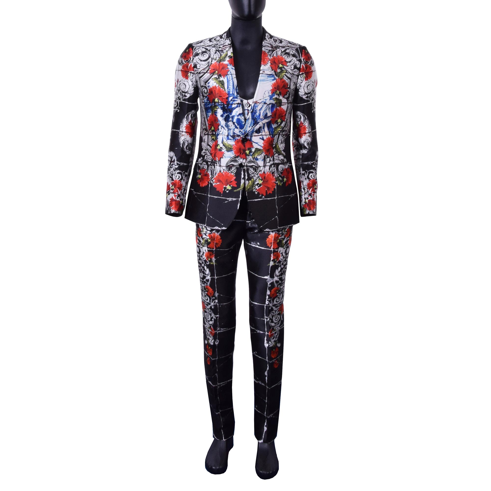 Dolce Gabbana 3 Pieces Torero Carnation Printed Silk Suit Black White FASHION ROOMS