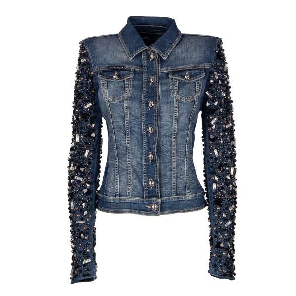  ASHLEY Jeans Jacket with crystals and beads embroidered sleeves in blue by PHILIPP PLEIN COUTURE