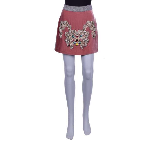 Velvet and Wool Mini Skirt with crystals and metal rabbit embroidery by DOLCE & GABBANA Black Label