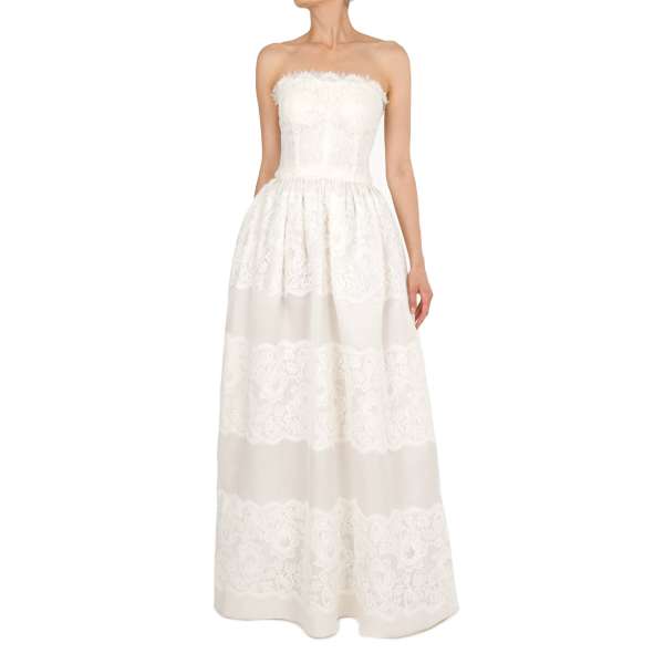 Long, silk blend wedding dress with floral lace and off-shoulder line in white by DOLCE & GABBANA
