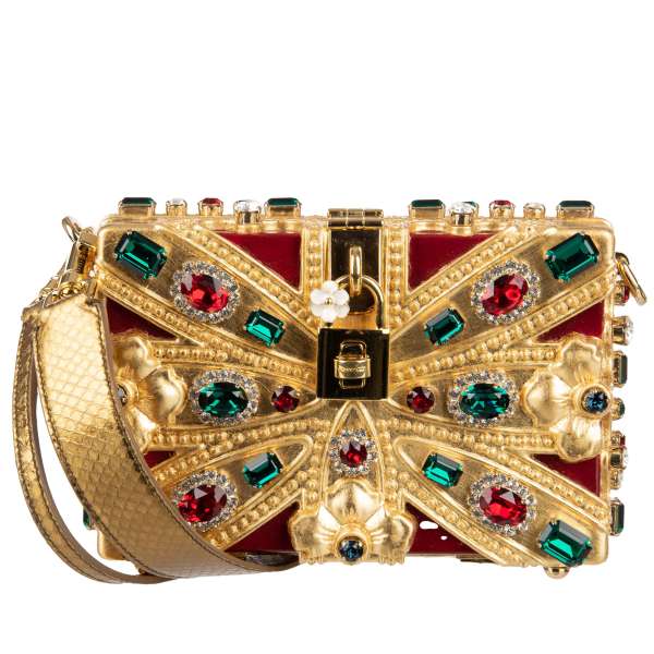Unique hand painted clutch bag DOCE BOX Union Jack made of wood with multicolor crystals and decorative padlock with enamel flower by DOLCE & GABBANA
