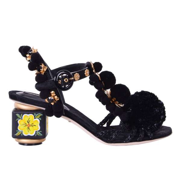 Ankle strap raffia sandals KEIRA with painted wooden heel and pom pom and flowers embellishments by DOLCE & GABBANA Black Label
