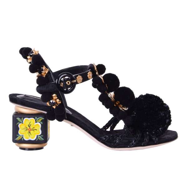 Riemen-Sandalen KEIRA aus Raffia mit bemaltem Holzabsatz und Pom Pom und Blumen Applikationen von DOLCE & GABBANA Black Label