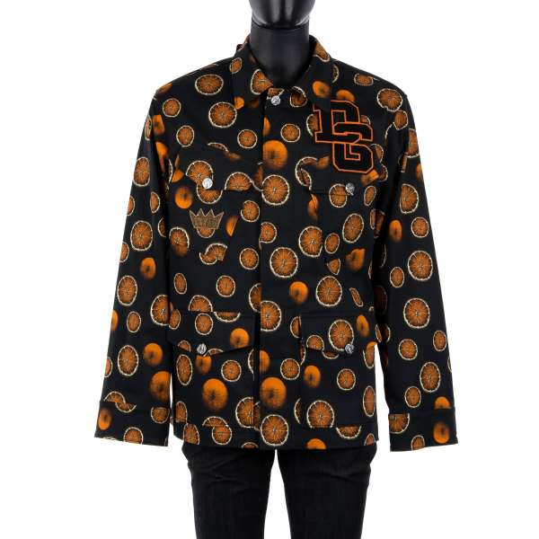 Wide, long shirt - jacket with oranges print, DG logo application and royal crown embroidery in black and orange by DOLCE & GABBANA Black Line
