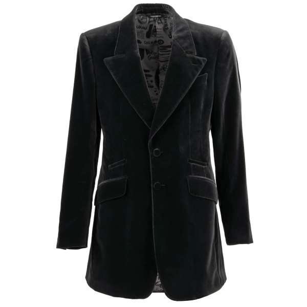 Long Velvet blazer with peak lapel and pockets in black by DOLCE & GABBANA