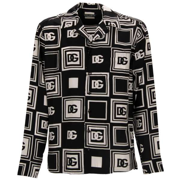  Silk shirt with DG Logo print, crystal metal buttons and front pocket in black and white by DOLCE & GABBANA