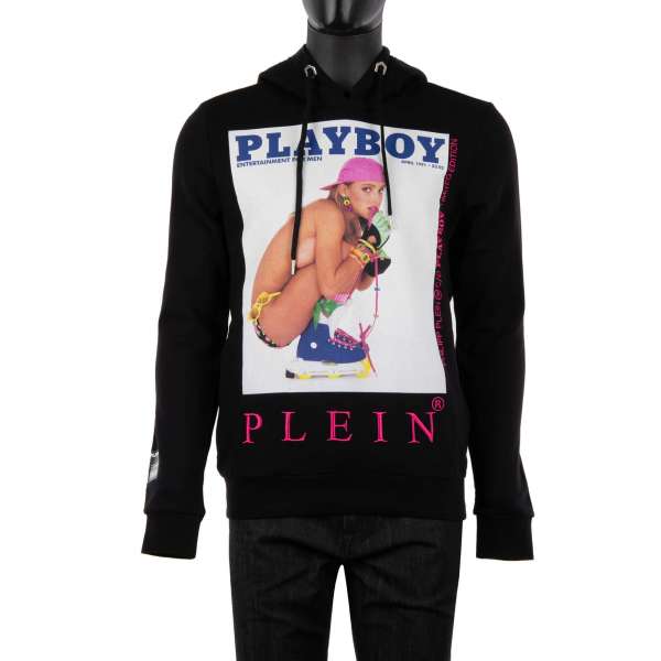 Hoody with a print of a magazine cover of of Julie Clark with embroidery at the front and embroidered 'Playboy Plein' lettering at the back by PHILIPP PLEIN x PLAYBOY