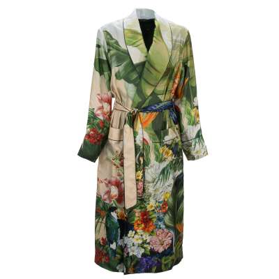 Silk Tropical Printed Coat Robe Green Orange