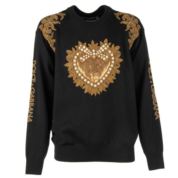 Unique with hand-embroidered virgin wool sweater / sweatshirt DEVOTION with sacred heart, logo and floral gold embroidery with brass, pearls and sequins by DOLCE & GABBANA