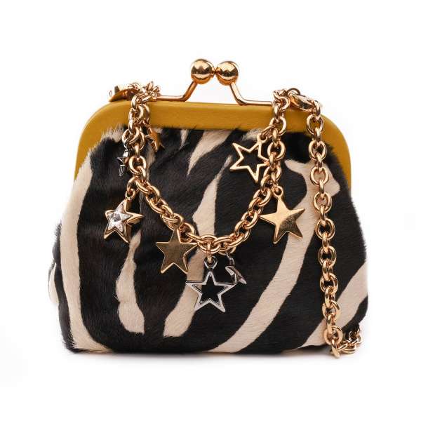  Lambskin and calfskin fur purse bag with metal stars crystal chain strap in black, white, yellow and gold by DOLCE & GABBANA