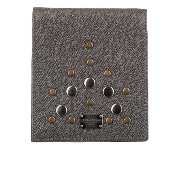 Dauphine leather bifold wallet with studs and DG metal logo plate in gray by DOLCE & GABBANA