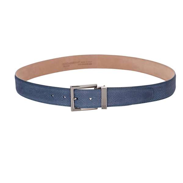 Snake Leather belt with DG logo metal buckle in blue and silver by DOLCE & GABBANA