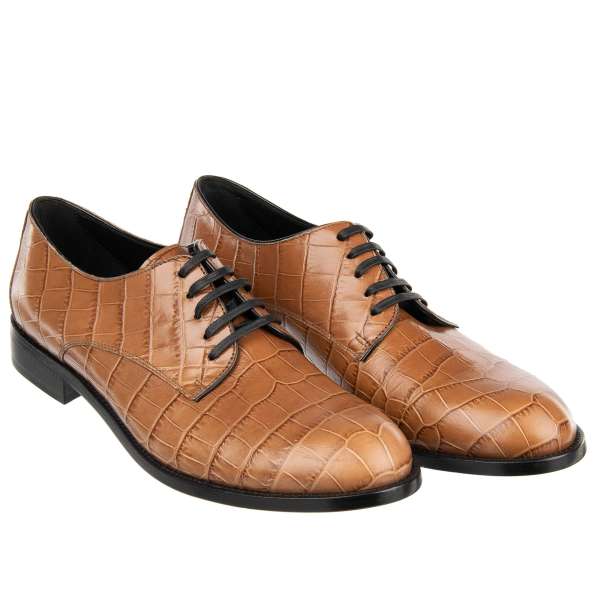 Classic leather shoes BOY DONNA with crocodile print in brown by DOLCE & GABBANA