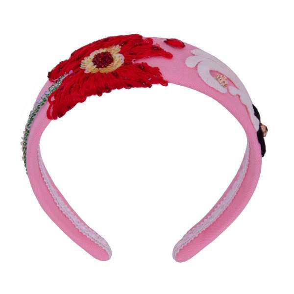 Mamma Collection Hairband embelished with embroidered Poppy in Red and Pink by DOLCE & GABBANA
