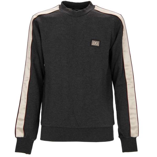 Sweater / sweatshirt embellished with DG metal logo plate and silk elements in gray by DOLCE & GABBANA