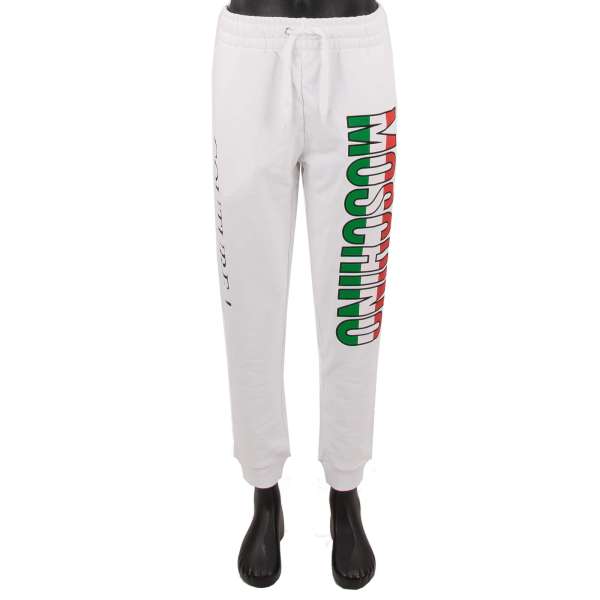 Cotton Sweatpants / Jogger Trousers with Italian flag logo, elastic waist and pockets by MOSCHINO COUTURE