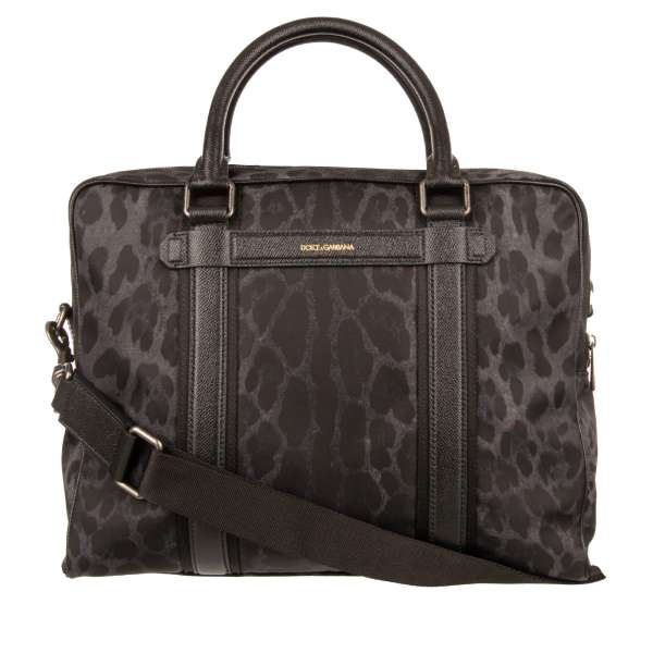 Business Tasche / Aktentasche aus Nylon mit Leopard Print, Leder Details und Logo Schild von DOLCE & GABBANA