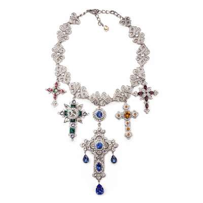 Massive Cross Pendants Necklace Chocker with Crystals Silver
