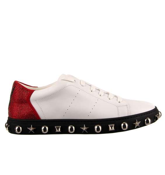 Low-Top Sneaker in white and red with crystals embellished Plein and Playboy logos, studded sole and tongue with Philipp Plein metal logo by PHILIPP PLEIN X PLAYBOY