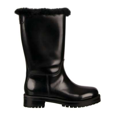 Leather Boots BIKER with Fur and Logo Black