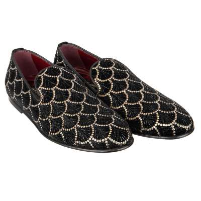 Crystals Embroidered Loafer Shoes ISPICA Black Gold