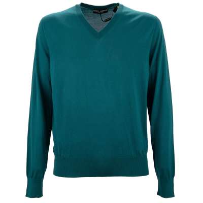 Light Silk V Neck Sweater Blue Green