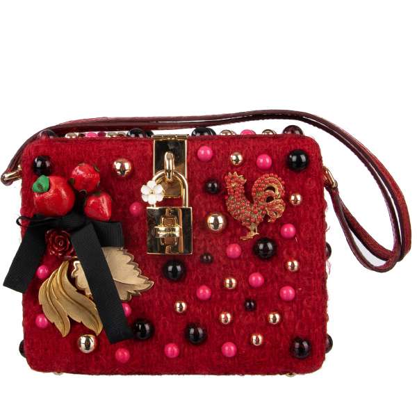 Seltene Clutch / Abendtasche DOLCE BOX mit mehrfarbigen Nieten, Blättern aus Messing, Hahn und Beeren Broschen und Trägern aus Krokodilleder von DOLCE & GABBANA Black Label