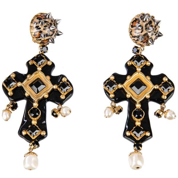 Cross Clip Earrings with crystals, artificial pearls and hand painted leopard beads with spikes in Gold and Black by DOLCE & GABBANA