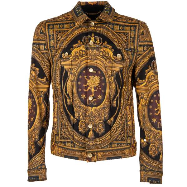 Sicilia heraldry, crown and DG Logo printed denim / jeans jacket with pockets and logo sticker by DOLCE & GABBANA