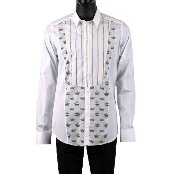 Tuxedo Shirt with short collar, and crowns and stripes printed soft placket by DOLCE & GABBANA Black Label - GOLD Line