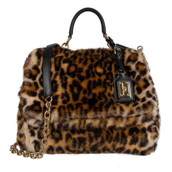 Calf leather and faux fur Tote / Shoulder Bag SICILY Mini embellished with logo plate pendant in leopard print by DOLCE & GABBANA