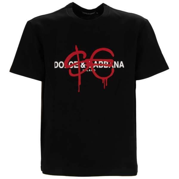Cotton T-Shirt with DG Logo Sfera Ebbasta Dollar Euro design collaboration sealing wax patch in black by DOLCE & GABBANA