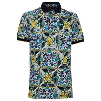 DG Majolica Print Cotton Polo Shirt Blue White Yellow