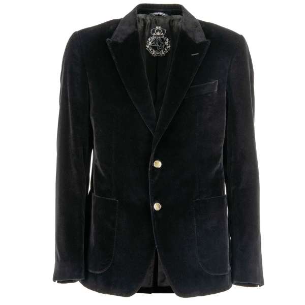 Velvet blazer with inside crown logo embroidery, peak lapel and pockets in black by DOLCE & GABBANA