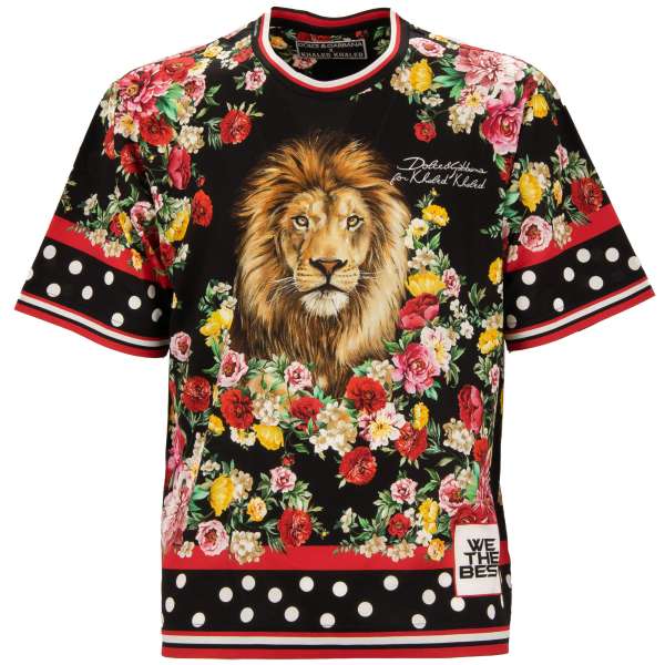 Oversize Baumwolle T-Shirt mit Löwen, Blumen und Logo Print von DOLCE & GABBANA 