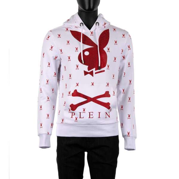 Hoodie / Hooded Sweatshirt with a all-over skull bunny PLEIN Logo print in red and large crystal logo at the front and embroidered 'PLAYBOY' lettering at the back by PHILIPP PLEIN x PLAYBOY