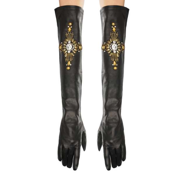 "Her Majesty" leather long gloves with studs and crystals in black and gold by PHILIPP PLEIN 