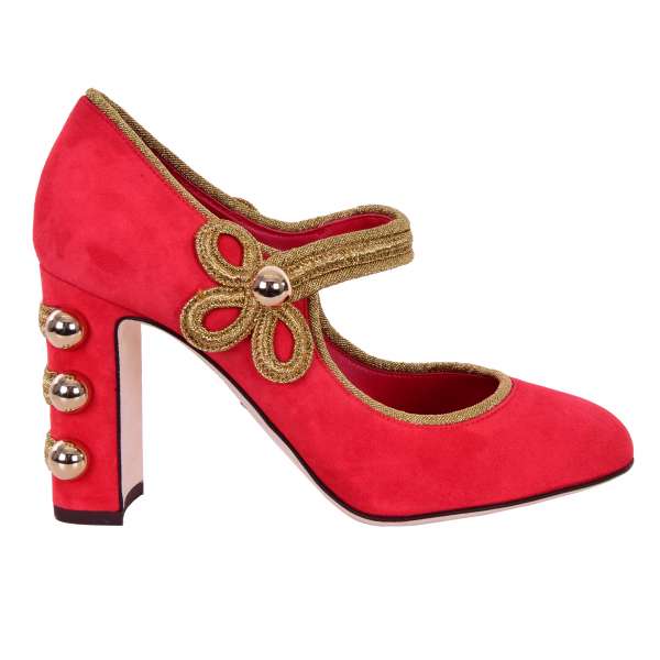 Wildleder Mary Jane Pumps VALLY im Military Stil mit Gold Stickerei und Nieten von DOLCE & GABBANA