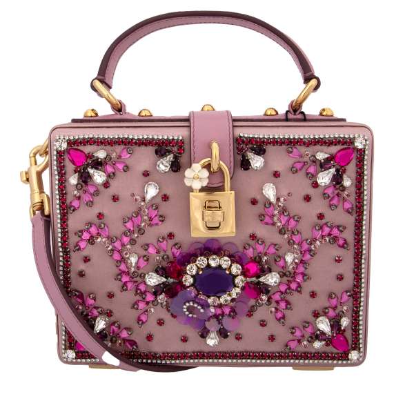 Handcrafted satin bag / shoulder bag / clutch DOLCE BOX with bejeweled embroidery, crystals and decorative padlock with enamel flower by DOLCE & GABBANA