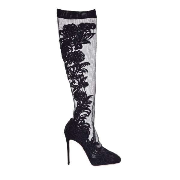 Lace Pumps / Boots with silk flowers embroidered nylon socks in black by DOLCE & GABBANA