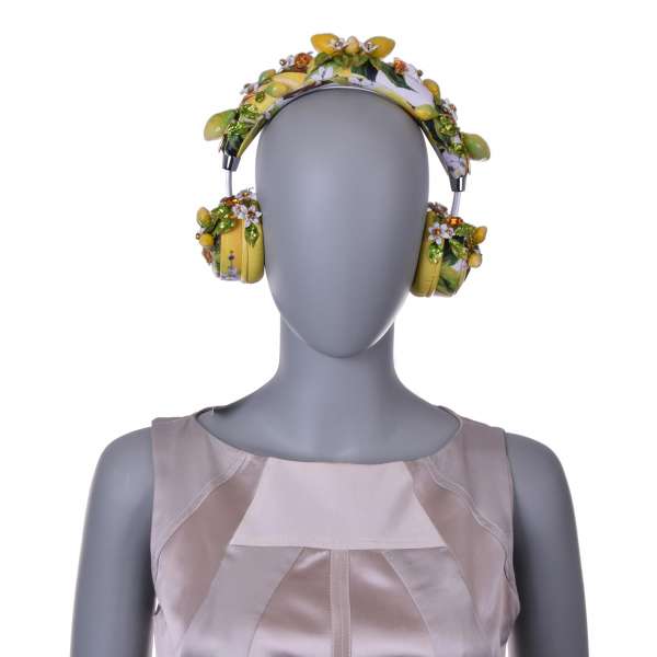 Exclusive and rare nappa leather lemon printed bluetooth headphones embellished with crystals, metal leafs and lemons by Dolce & Gabbana Black Line