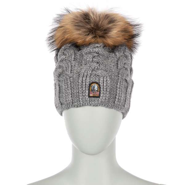 Lined Unisex Cable Hat with detachable real fur pompom and PJS patch in Gray Melange by PARAJUMPERS
