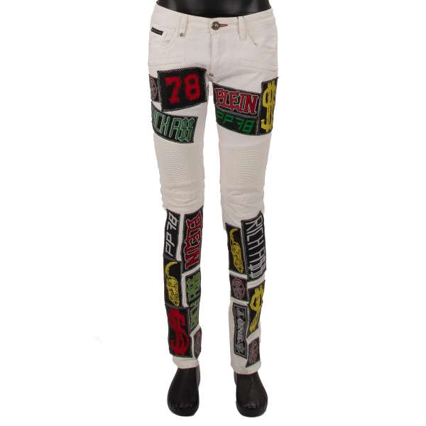  'Illusion' Skinny straight cut 6-pockets Jeans with dollar, logo and rich embroidered patches in white by PHILIPP PLEIN