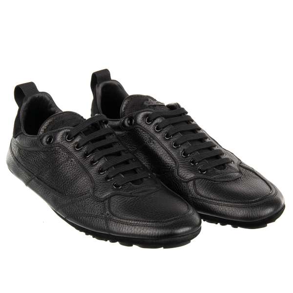 Low-Top Deer leather mix Sneaker KING DRIVER with Crown logo in black by DOLCE & GABBANA